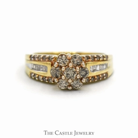 7 Round Champaign Diamond Cluster Ring with Diamond Accented Sides in 10k Yellow Gold Luxury Flow Wedding Gift