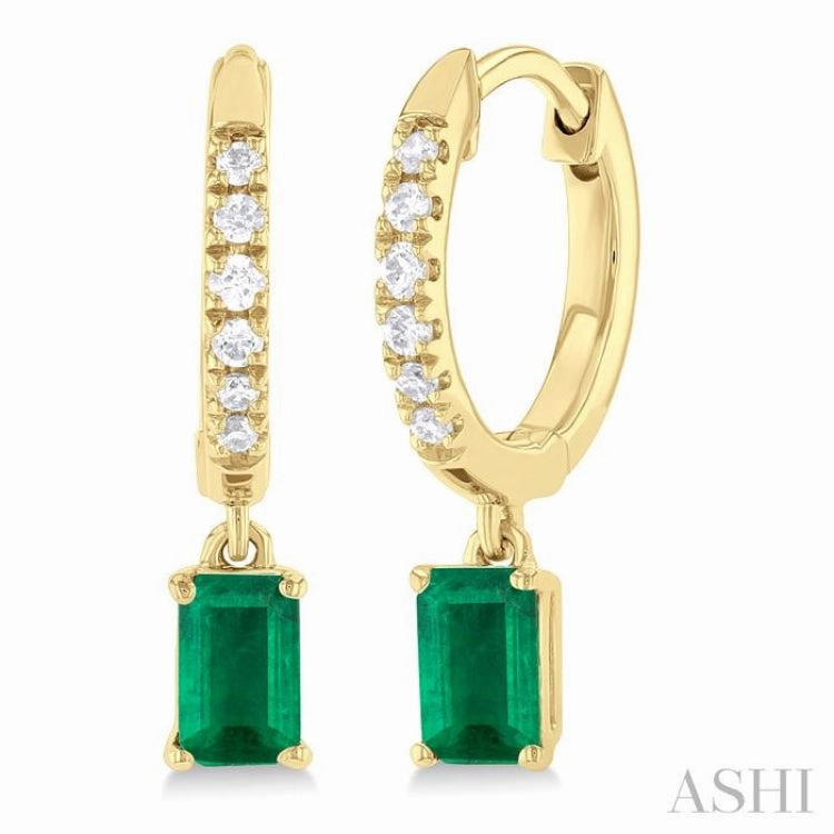 5x3 MM Emerald Cut Emerald and 1/8 Ctw Round Cut Diamond Precious Petite Fashion Huggies in 10K Yellow Gold Versatile Accent