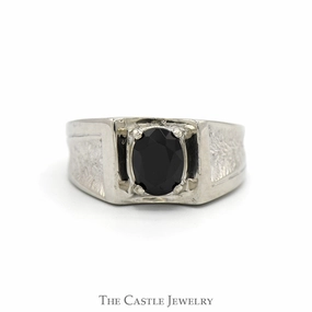 Oval Black Onyx Ring with Concaved Brush Textured Sides in 10k White Gold Minimalist Creation