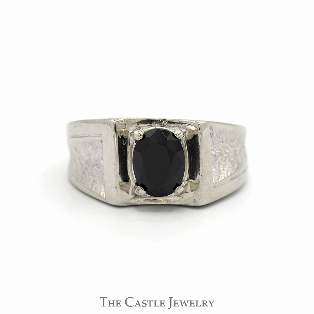 Oval Black Onyx Ring with Concaved Brush Textured Sides in 10k White Gold Minimalist Creation