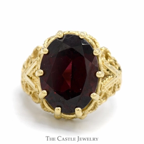 Oval Garnet Ring in Open Rope Designed Mounting in 14k Yellow Gold Meaningful Symbol Lightweight Decoration