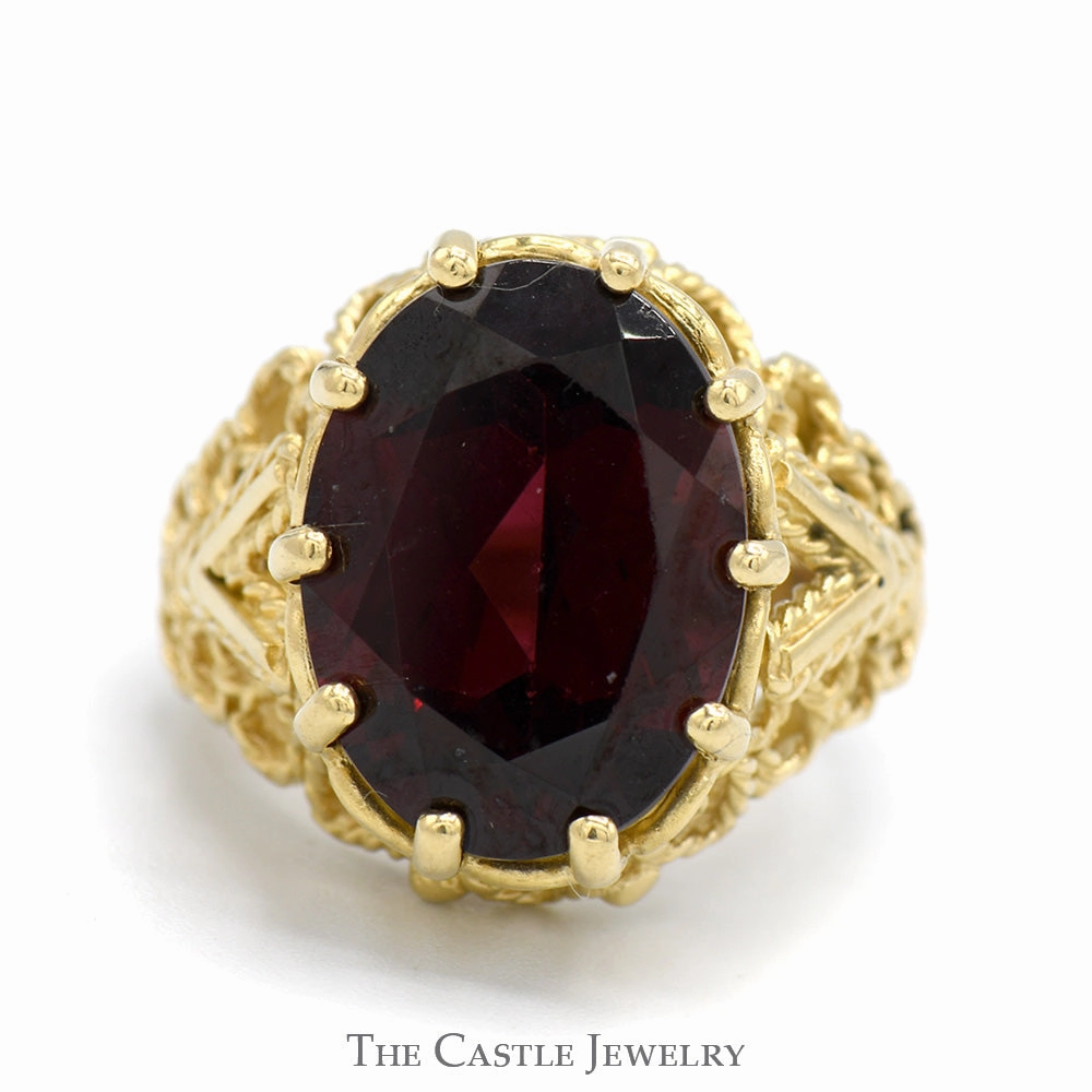 Oval Garnet Ring in Open Rope Designed Mounting in 14k Yellow Gold Meaningful Symbol Lightweight Decoration
