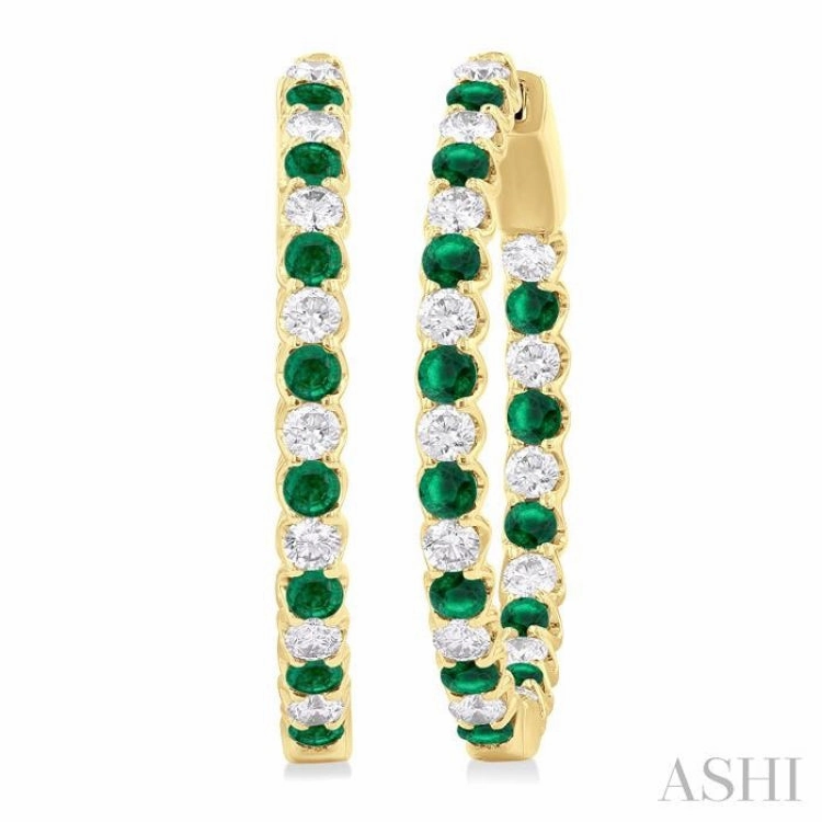 2.1 MM Round Emerald and 1 ctw Round Cut Diamond Inside & Outside Alternating Precious Hoop Earrings in 14K Yellow Gold Gleaming Craft