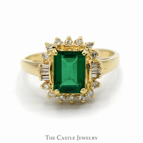 Functional Style Emerald Cut Emerald Ring with Round and Baguette Diamond Halo in 14k Yellow Gold