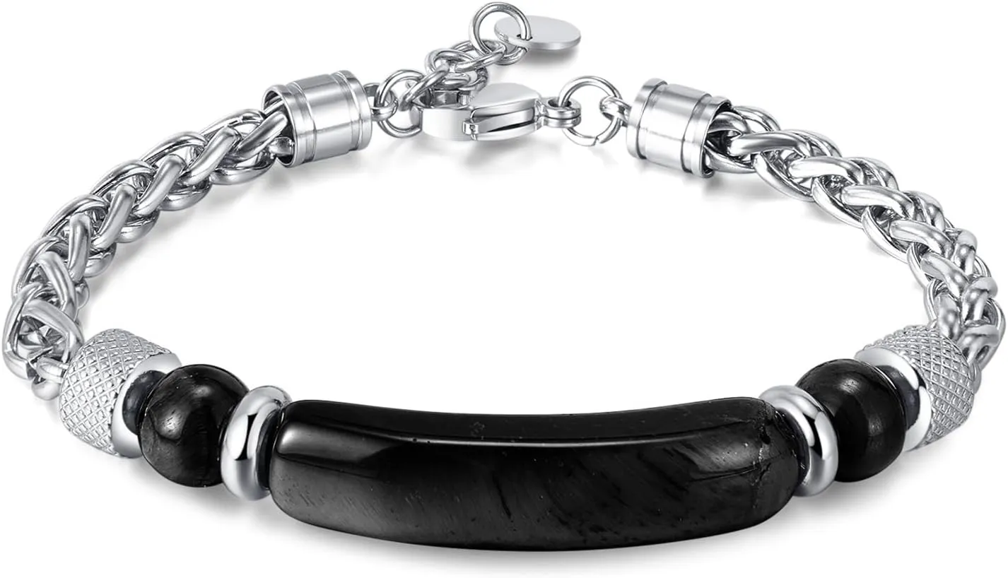 Silver deer 2025 Ultimate Adjustable Black Men's Bracelet - Stainless Steel & Titanium Chain with Genuine Black Obsidian Stone Beads (7.67" Anti-Tarnish & Non-Fade Design)