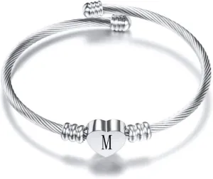 Silver Initial Letter Cuff Bracelet Heart Bangle Bracelets Expandable Stainless Steel Personalized Jewelry for Women