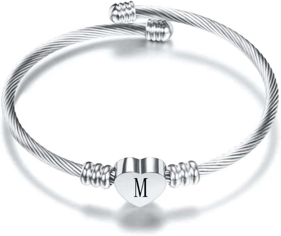 Silver Initial Letter Cuff Bracelet Heart Bangle Bracelets Expandable Stainless Steel Personalized Jewelry for Women