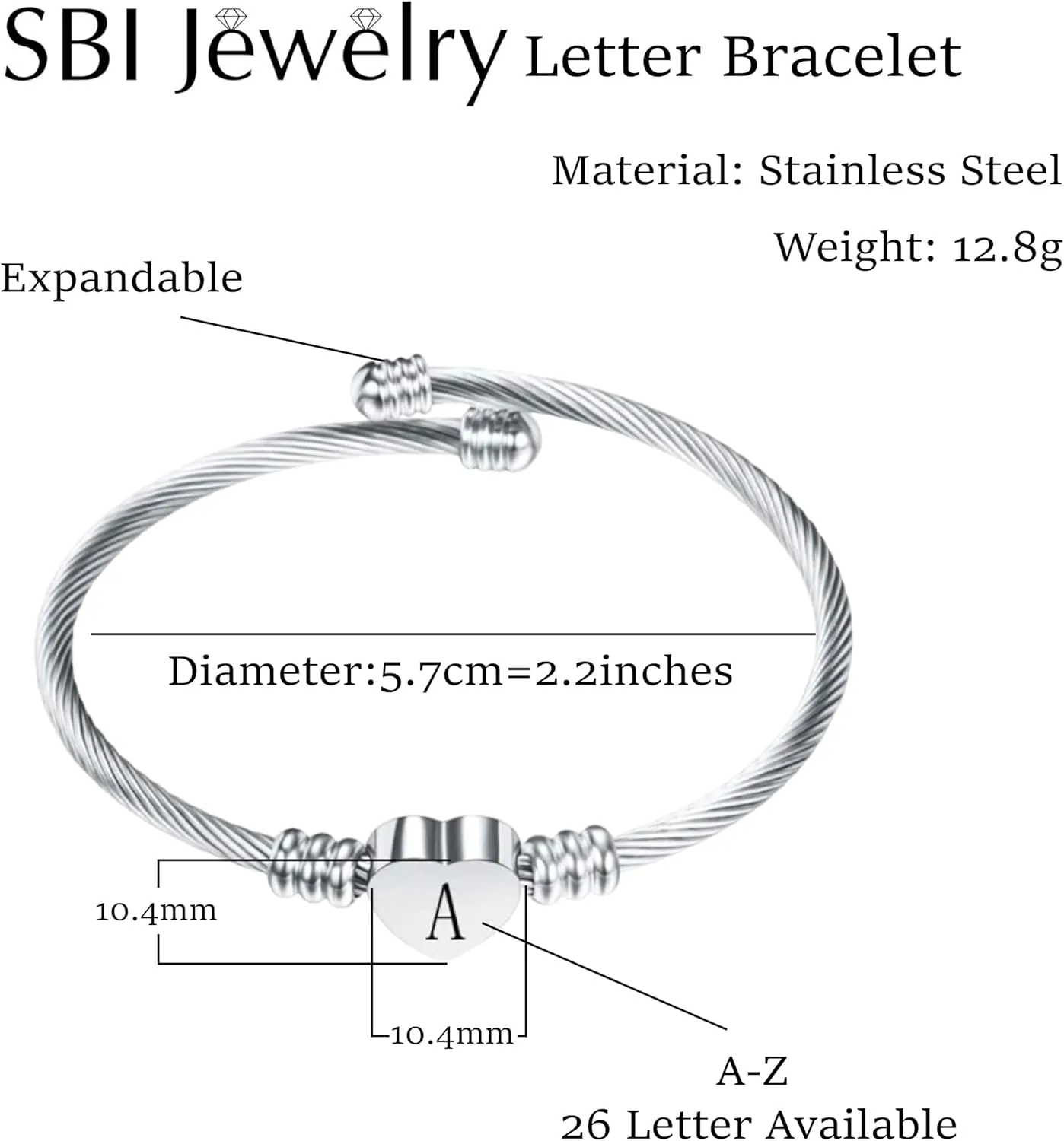 Silver Initial Letter Cuff Bracelet Heart Bangle Bracelets Expandable Stainless Steel Personalized Jewelry for Women