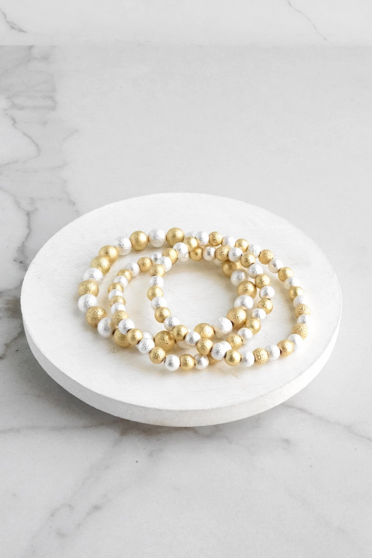 Silver Gold tone multi size textured beaded bracelet stack of 3 bracelets Fast Delivery