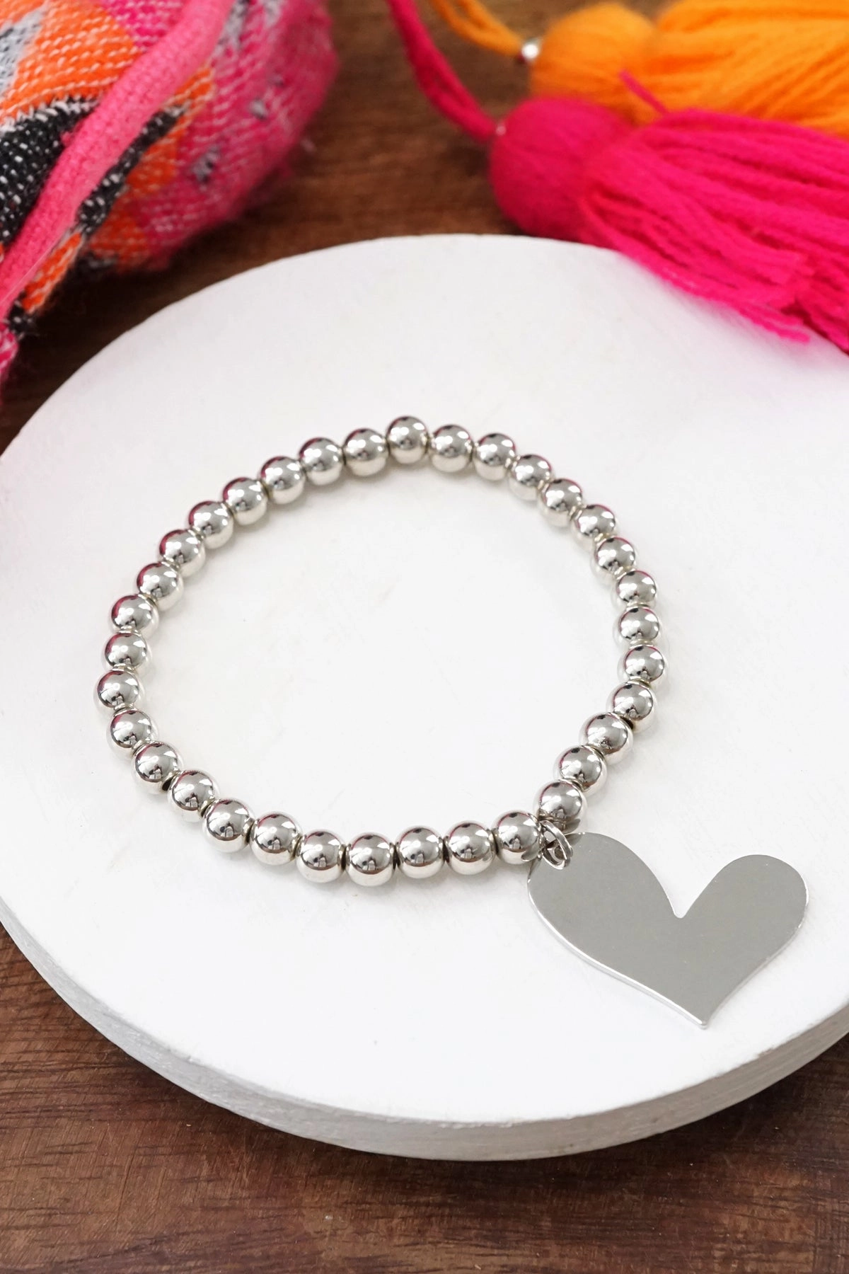 Silver tone beads bracelet with a big Heart charm Advantageous Amalgamations