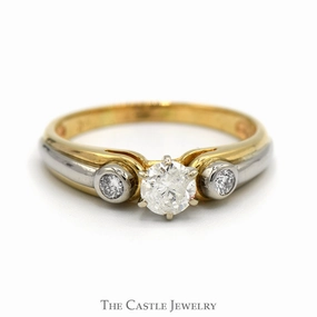 Comfortable Work Colorful Accent Three Stone Diamond Engagement Ring in Two Tone 10k Yellow and White Gold