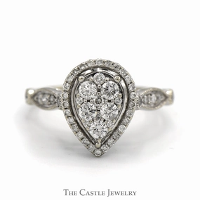 City Style .85cttw Pear Shaped Diamond Cluster Engagement Ring with Diamond Halo and Diamond Accented Sides in 14k White Gold