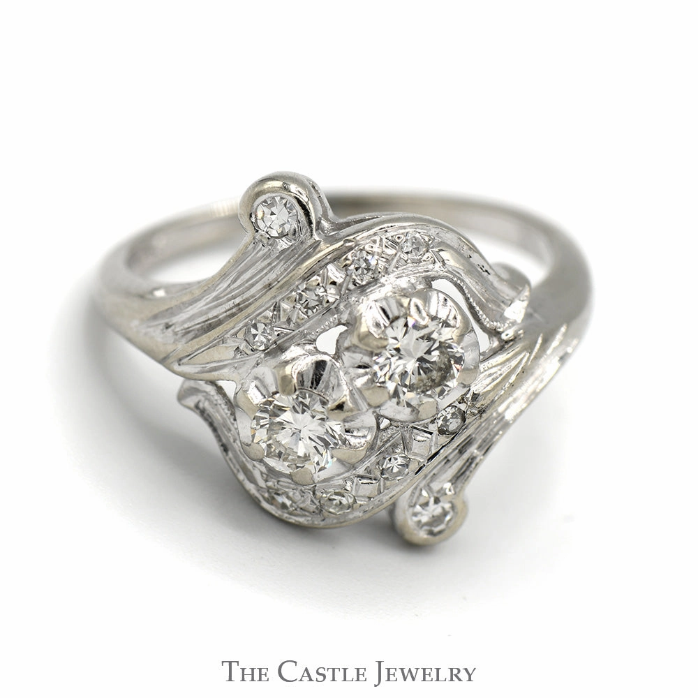 Antique Style Double Diamond Ring with Diamond Accents in 14k White Gold Budget Art Party Ready