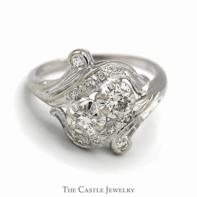 Antique Style Double Diamond Ring with Diamond Accents in 14k White Gold Budget Art Party Ready