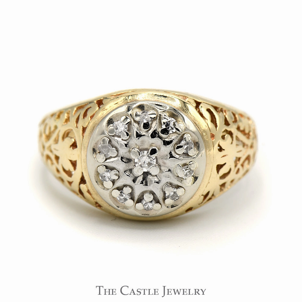 Delicate Expression Luxury Gift 1/4cttw Kentucky Diamond Cluster Ring with Filigree Sides in 14k Yellow Gold