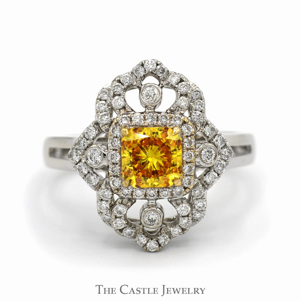 Contemporary Item Cushion Cut Yellow Diamond Shield Ring with Diamond Accents and Split Shank Setting in 18k White Gold