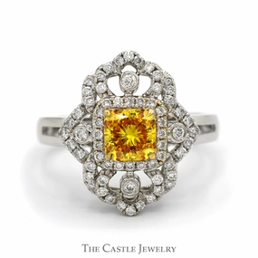 Contemporary Item Cushion Cut Yellow Diamond Shield Ring with Diamond Accents and Split Shank Setting in 18k White Gold