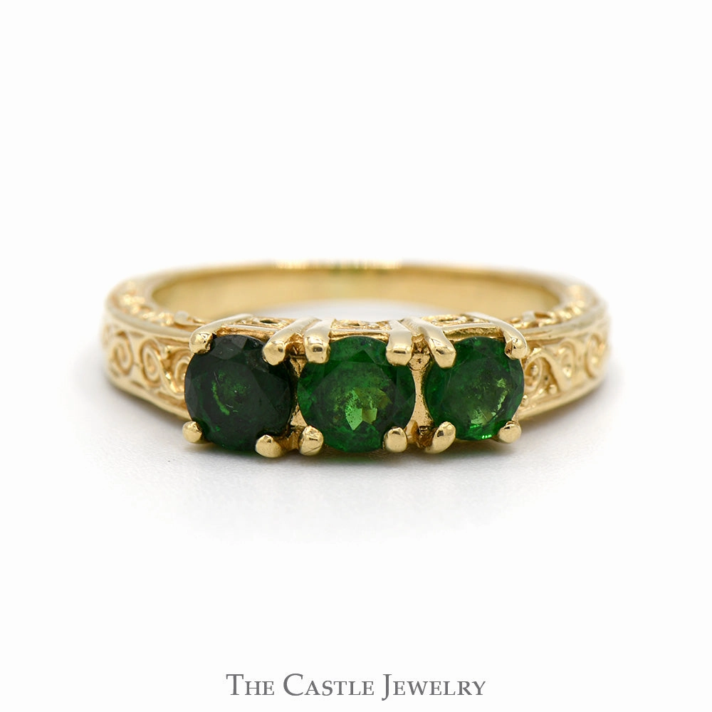 Timeless Ornament Sentimental Piece Three Stone Round Emerald Ring with Scroll Designed Sides in 14k Yellow Gold