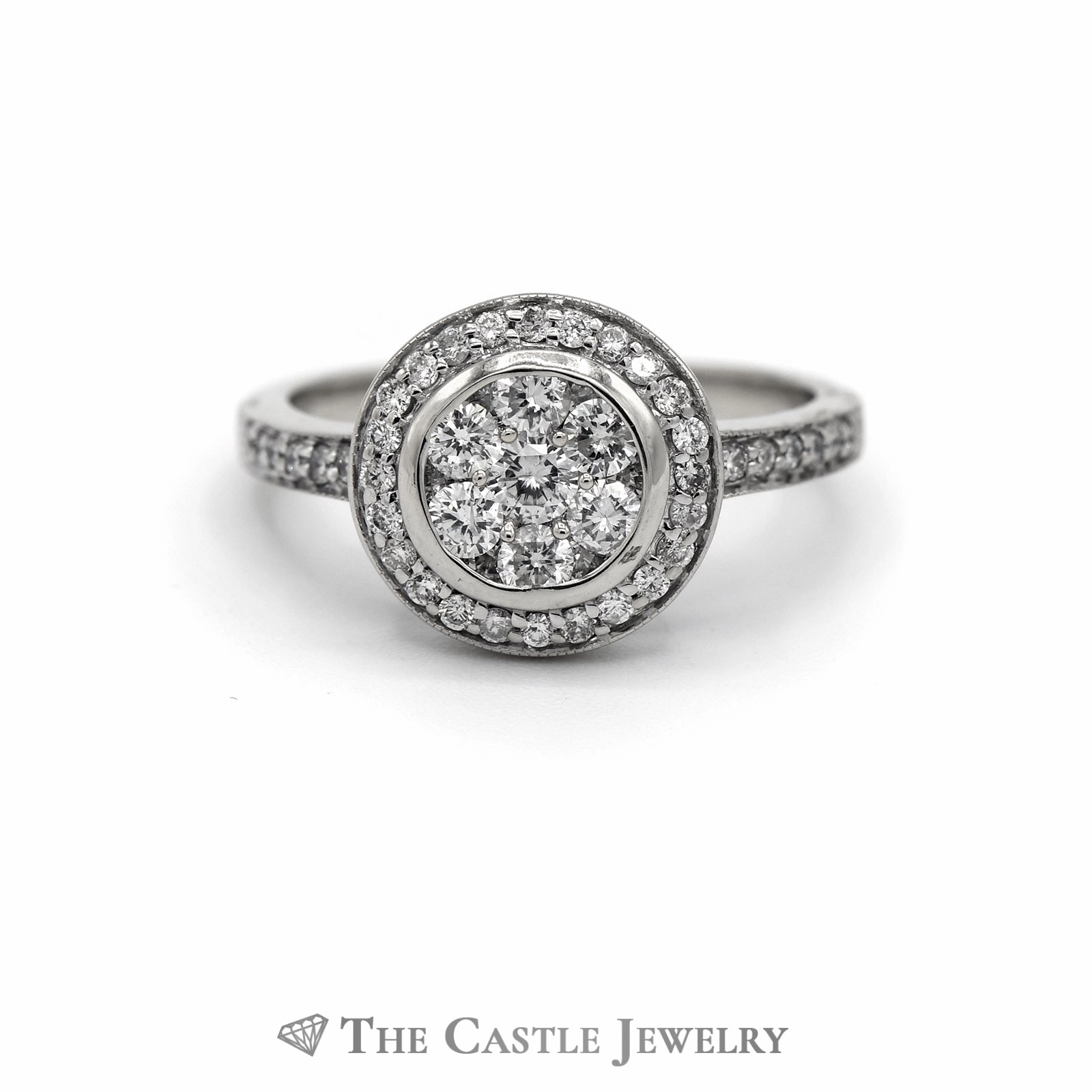 Trendy Finish Artistic Insignia .75cttw Round Diamond Cluster Ring with Diamond Halo & Accents in 14k White Gold