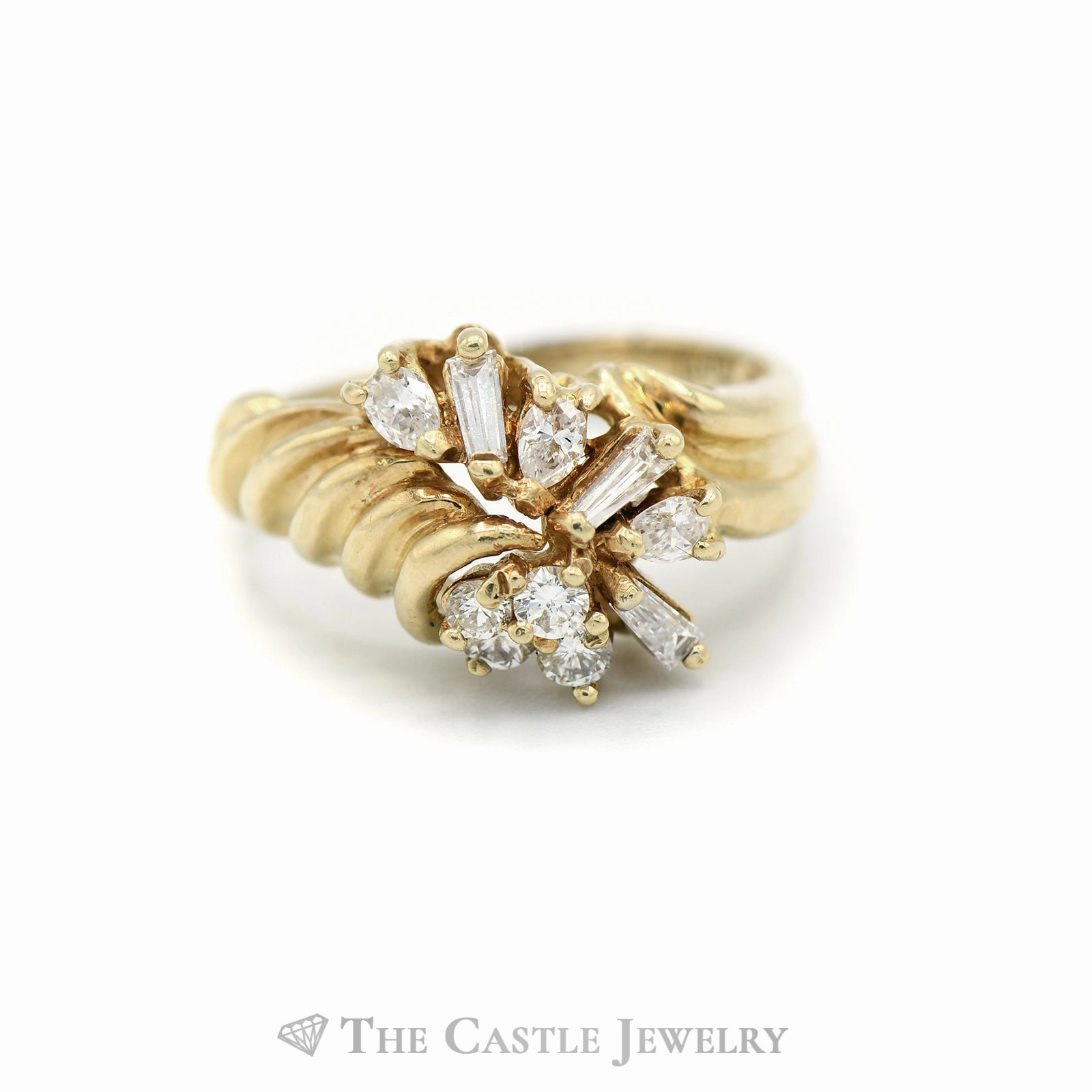 Classic Aesthetic 1/2cttw Round and Baguette Diamond Cluster Ring in 14k Yellow Gold Ribbed Mounting