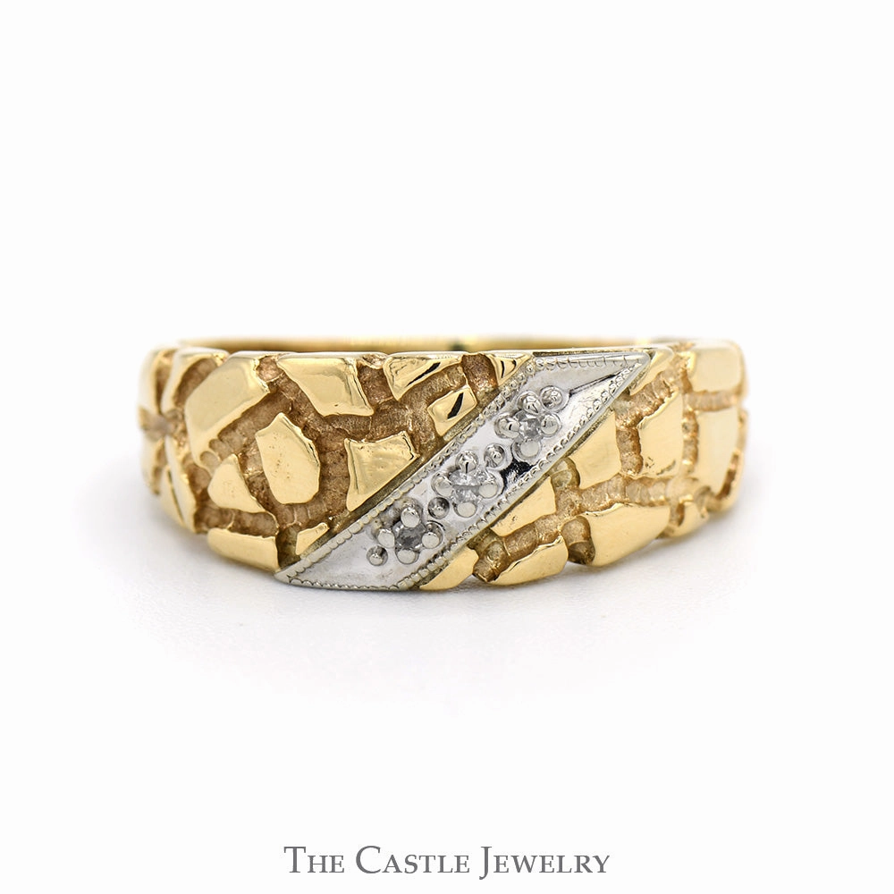 Traditional Insignia Exclusive piece Diagonal Illusion Set Diamond Ring with Textured Nugget Sides in 10k Yellow Gold