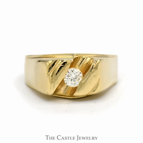 Men's 1/2ct Tension Set Diamond Solitaire with Polished Sides in 14k Yellow Gold Graceful Texture
