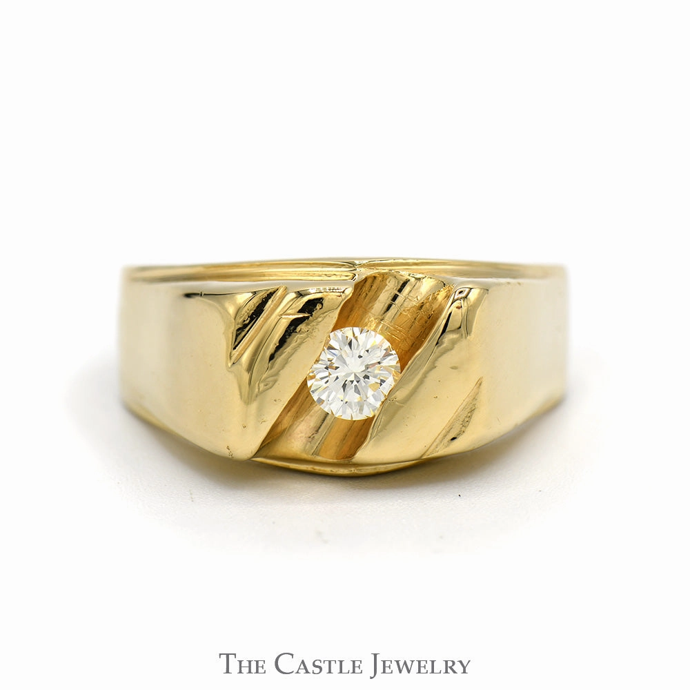 Men's 1/2ct Tension Set Diamond Solitaire with Polished Sides in 14k Yellow Gold Graceful Texture
