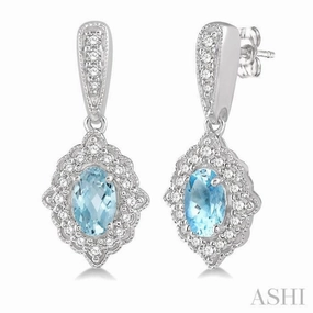 Sleek Glamour 5x3 MM Oval Shape Aquamarine and 1/4 Ctw Round Cut Diamond Semi-Precious Earrings in 10K White Gold