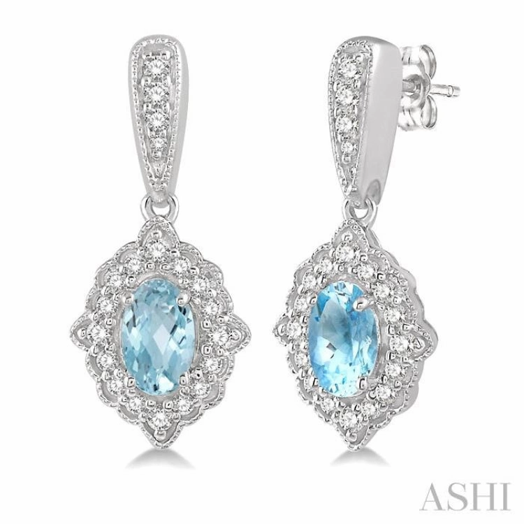 Sleek Glamour 5x3 MM Oval Shape Aquamarine and 1/4 Ctw Round Cut Diamond Semi-Precious Earrings in 10K White Gold