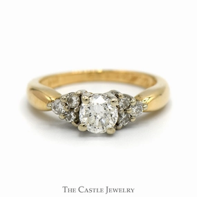 Unique Adornment 1.02cttw Round Diamond Engagement Ring with Triple Diamond Accented Sides in 14k Yellow Gold