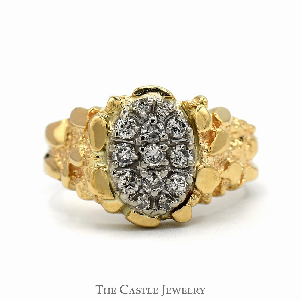 Trophy Item 1/2cttw Oval Shaped Diamond Cluster Ring with Nugget Designed Sides in 14k Yellow Gold