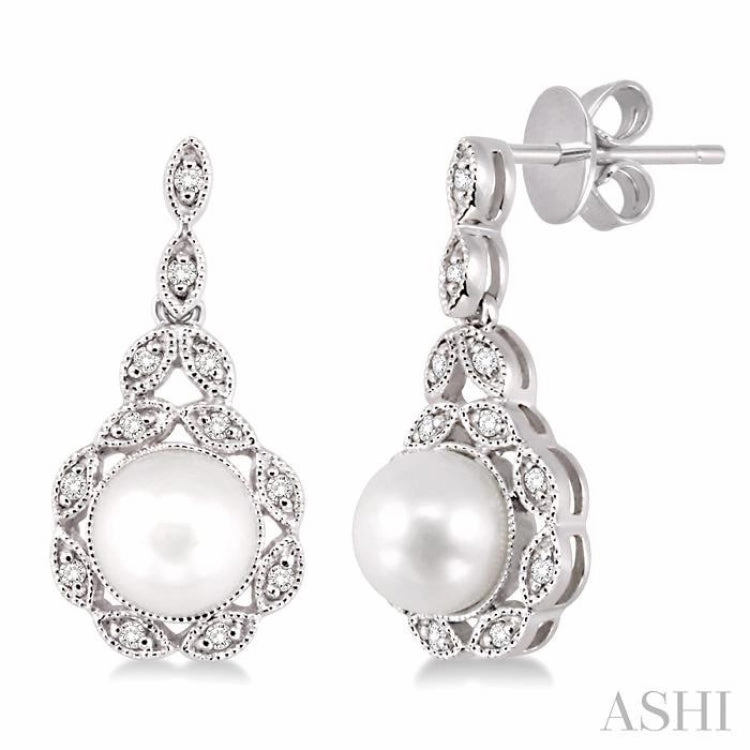 Graceful Sparkle 6X6 MM Round Shape Cultured Pearl and 1/8 ctw Cutwork Marquise Round Cut Diamond Fashion Earring in 10K White Gold