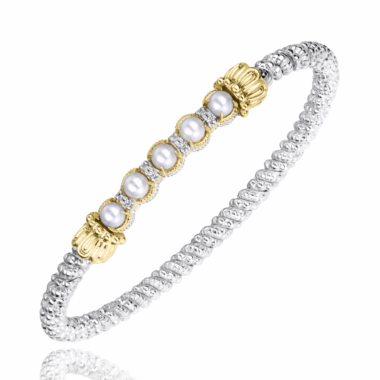 14K Yellow Gold and Sterling Silver Diamond Pearl Bangle Bracelet Smooth Curve