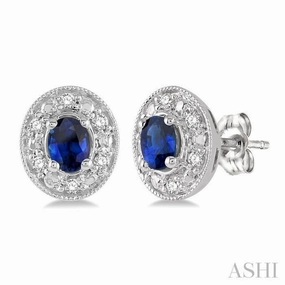 4x3 MM Oval Shaped Sapphire and 1/10 ctw Single Cut Diamond Earrings in 14K White Gold Night Ready