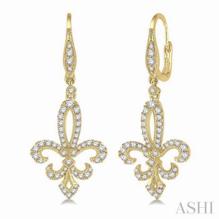 Sweet Spark 3/4 Ctw Fleur De Lis Round Cut Diamond Hanging Earrings in 14K Yellow Gold
