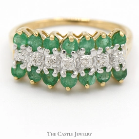 Balanced Beauty Handmade Quality Emerald and Diamond Cluster Band in 10k Yellow Gold