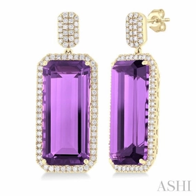 Distinctive Detail 22x10 MM Emerald Cut Amethyst and 7/8 Ctw Round Cut Diamond Halo Semi-Precious Earrings in 14K Yellow Gold