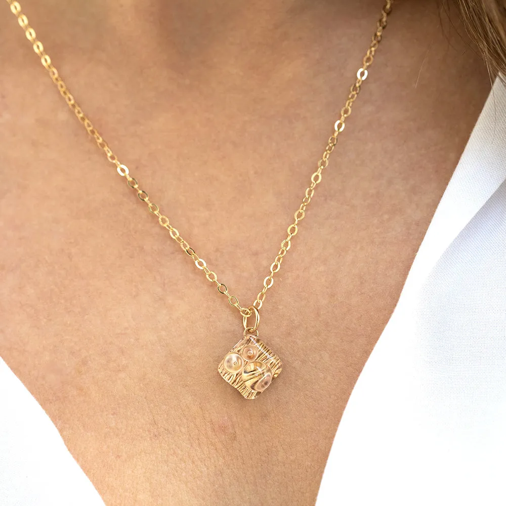 Small Sparkly Diamond Shaped Pendant and Earrings set with Handwoven Metal Fabric and Glass in 14K Yellow and Rose Gold Fill