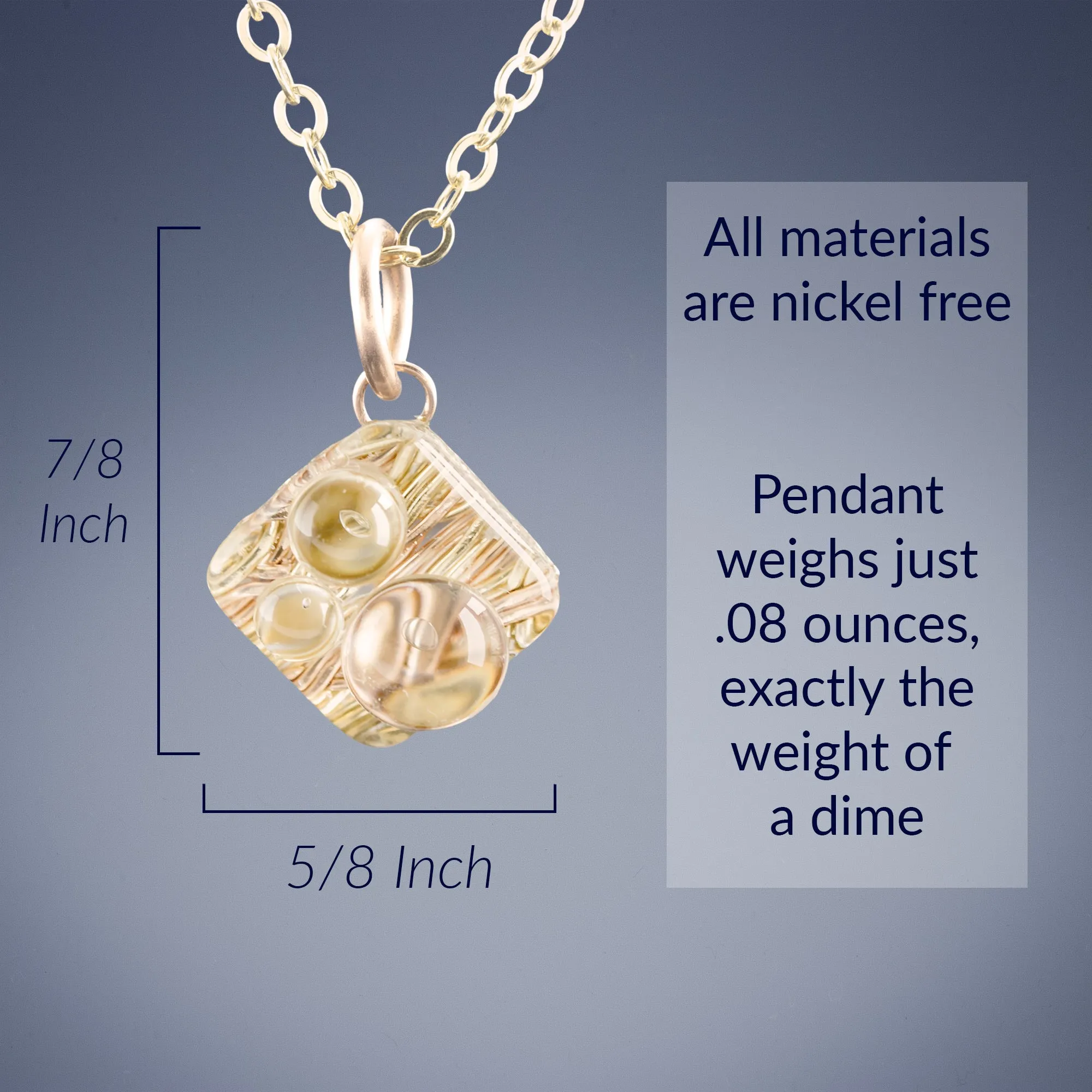Small Sparkly Diamond Shaped Pendant and Earrings set with Handwoven Metal Fabric and Glass in 14K Yellow and Rose Gold Fill