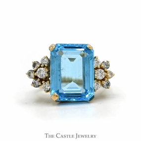 Emerald Cut Blue Topaz Ring with 1/2cttw Diamond Cluster Sides in 14k Yellow Gold Fine Piece Dress Up