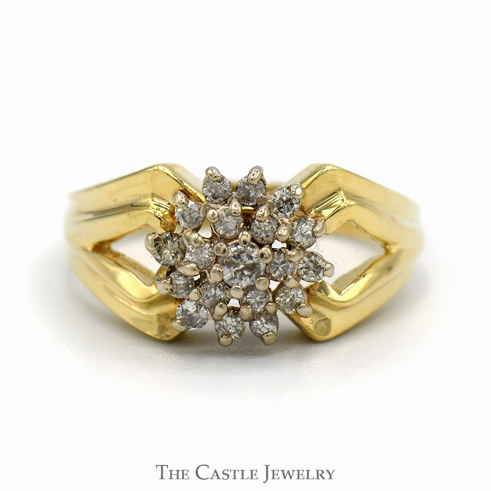 Timeless Adornment Snowflake Diamond Cluster Ring with Split Shank Sides in 14k Yellow Gold