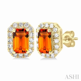 Sophisticated Accent Polished Radiance 5x3 MM Octagonal Shape Citrine and 1/8 Ctw Single Cut Diamond Halo Semi-Precious Stud Earrings in 14K Yellow Gold