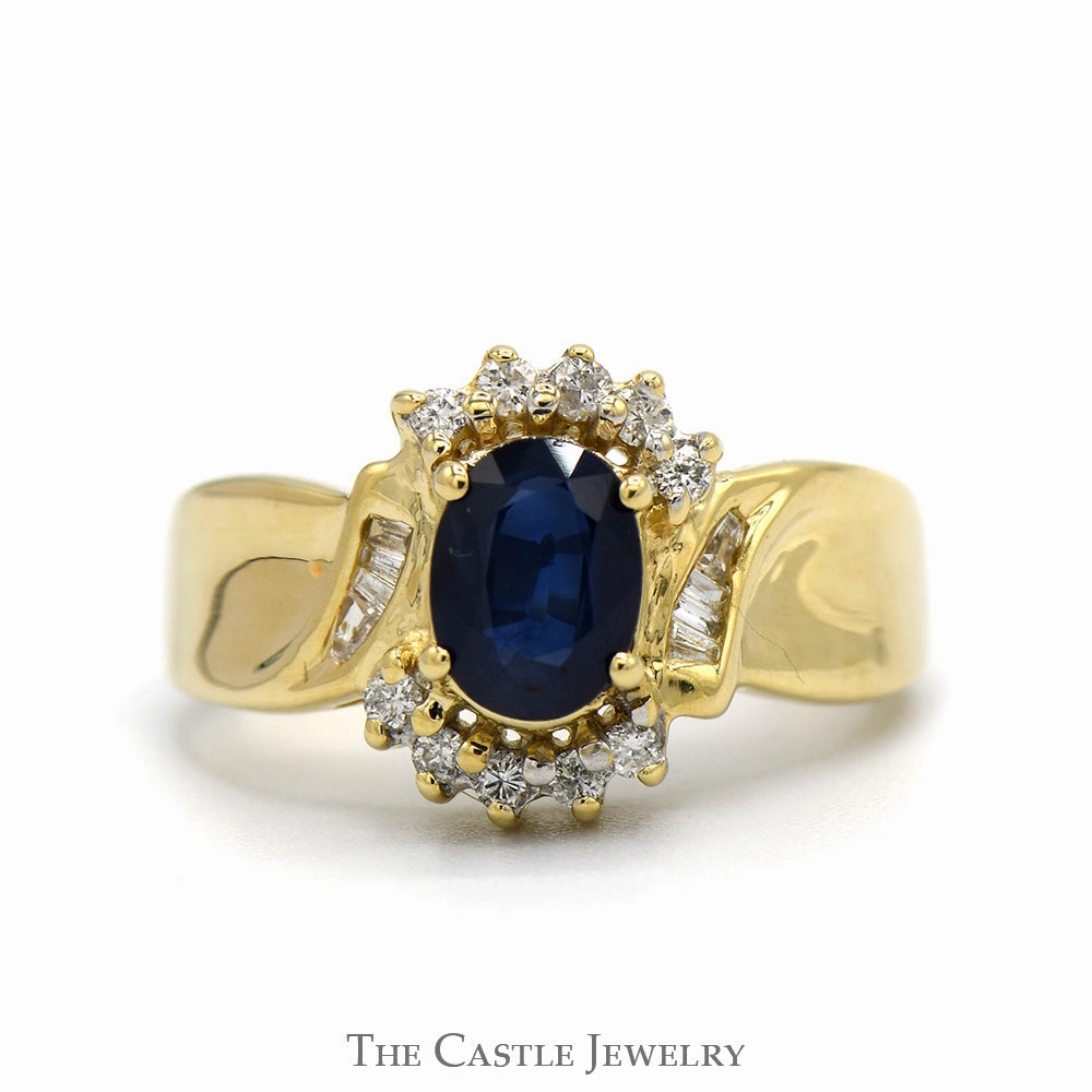 Trend Piece classic accessory Oval Sapphire Ring with Round & Baguette Cut Diamond Accents in 14k Yellow Gold
