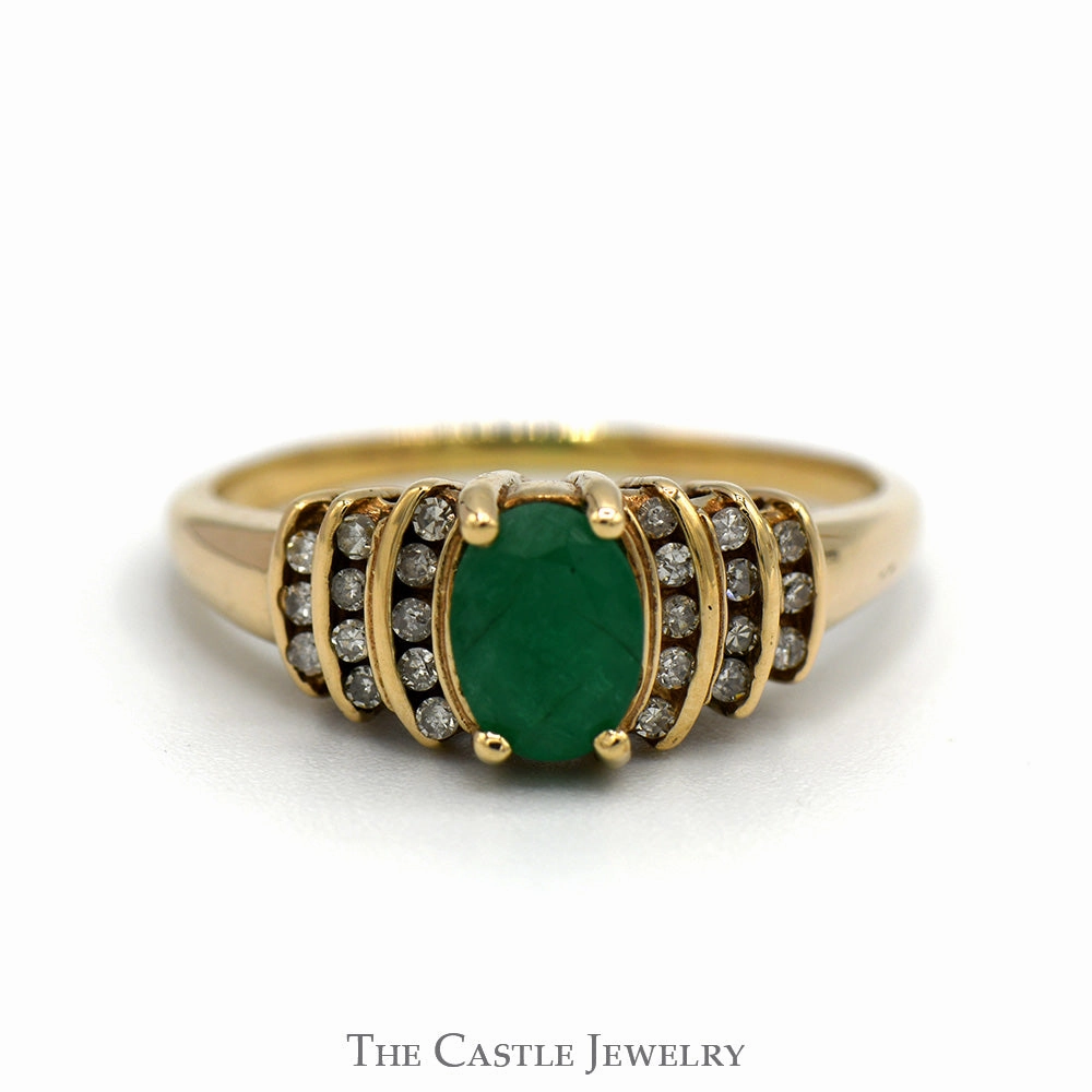 Vintage Style Oval Cut Emerald Ring with Channel Set Diamond Accents in 10k Yellow Gold Contemporary Art