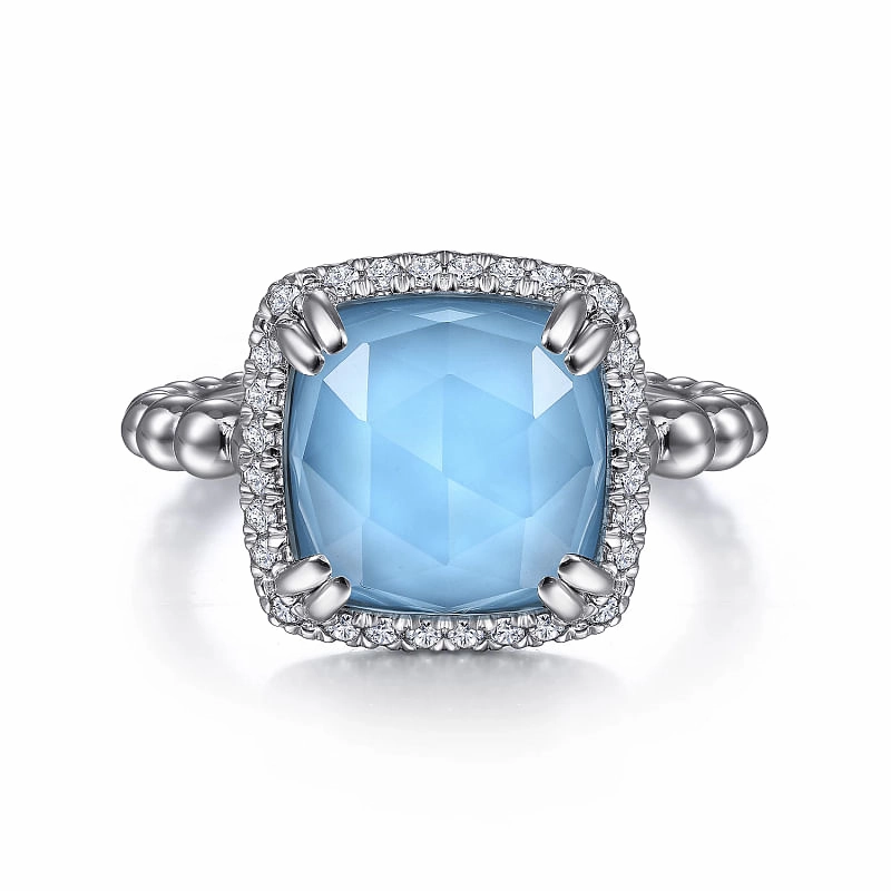 925 Sterling Silver White Sapphire and Turquoise Halo Signet Ring Luxury Pick