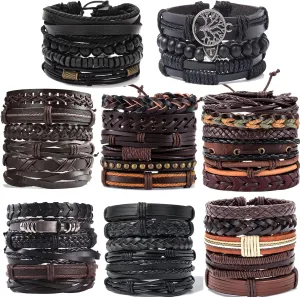SONNYX 44 Pcs Braided Leather Bracelets for Men Women Woven Cuff Wrap Bracelets Hemp Cords Wood Beads Ethnic Tribal Bracelets Adjustable Leather Wristbands