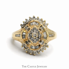 1/2cttw Round & Baguette Cut Diamond Starburst Cluster Ring in 10k Yellow Gold Bridal Set