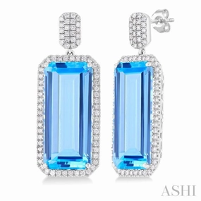 22x10 MM Emerald Cut Blue Topaz and 7/8 Ctw Round Cut Diamond Halo Semi-Precious Earrings in 14K White Gold Metallic Touch Shine On
