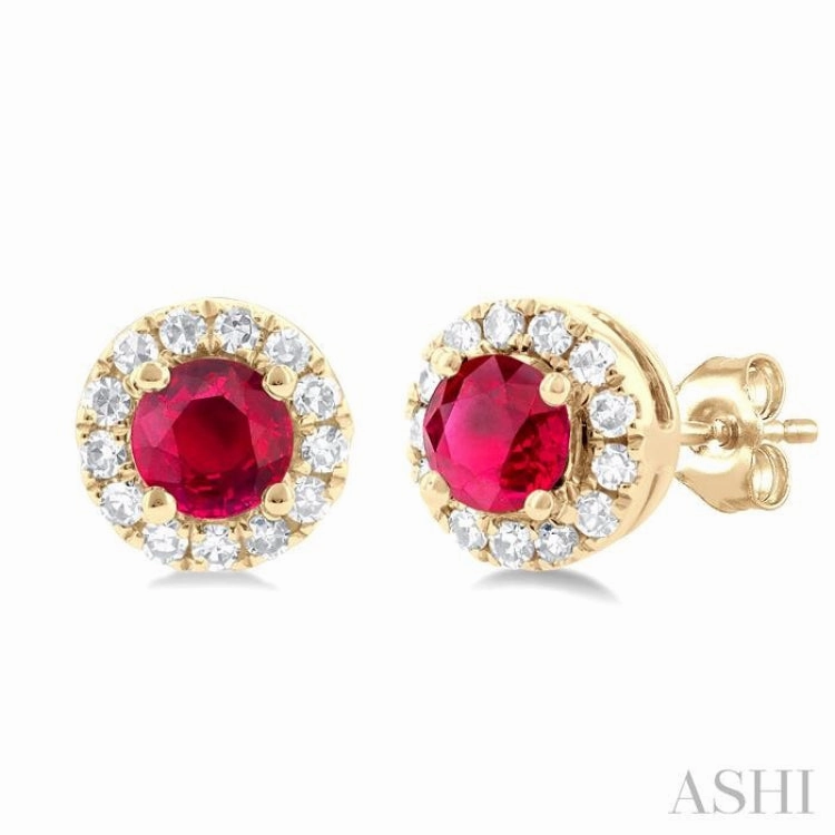Shiny Jewelry Pieces 3.25 MM Round Ruby and 1/10 Ctw Single Cut Diamond Halo Precious Stud Earrings in 10K Yellow Gold
