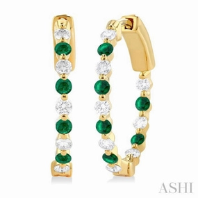 Graceful Accent 2 MM Round Cut Emerald and 1/2 Ctw Round Cut Diamond Precious Inside-Out Alternating Hoop Earrings in 14K Yellow Gold